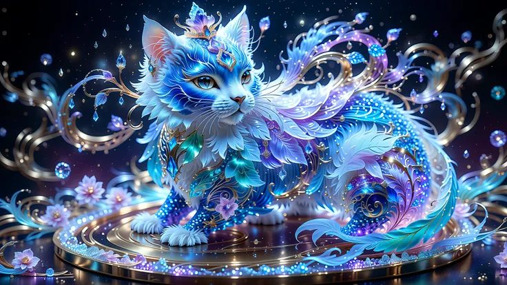 Generate A Cat, Adorable Animal In The Style Of Fantasy And Celestial Art. The Animal Should Be The Most Beautiful Ever Created, Featuring Intricate Details Such As Soft, Fluffy Feathers, Silk-Like Textures, And Satin Elements. Incorporate Subtle Phantasma...