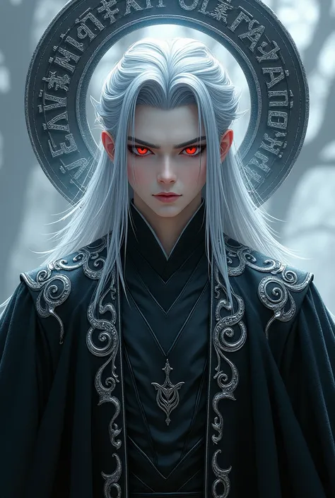 Full body image, handsome young protagonist xianxia((make handsome face between 6-)),long gray white hair,handsome face,red menacing eyes((make red color more darker and darker))villain aura menacing,at back head is god circle with demon rune((the color is...