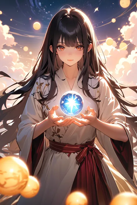 1 girl, (mysterious face), young adult, long flowing hair, (wearing a long embroidered robe with stars and moons, skirt flowing elegantly), medium breasts, slender, (holding a magical staff with a glowing orb),  
   BREAK  
   mystical library filled with ...