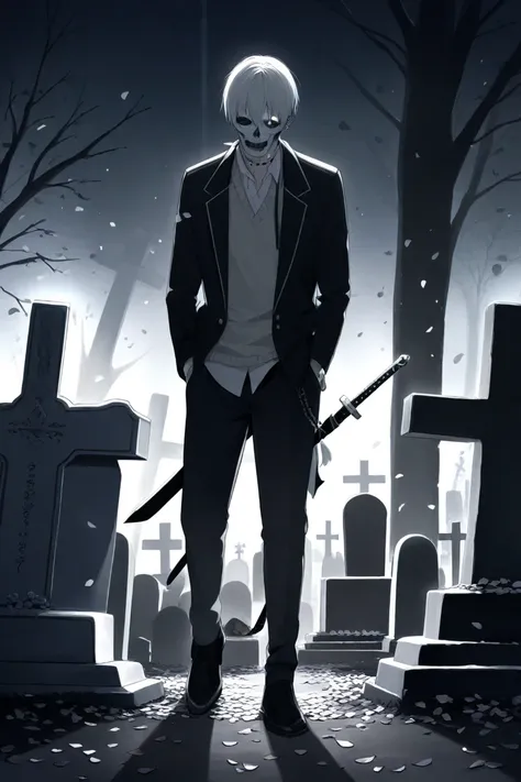  Night, Pale White Light, Graveyard, Petals, Fallen Leaves, Undead, Sword Piercing the Ground