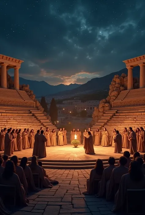 imagine a theatrical performance at night in ancient Greece
