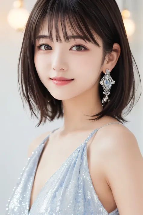 masterpiece,  top quality ,  one woman, (Flashy pattern、 gorgeous dresses:1.2), Age 25、(RAW 写真 top quality ), (reality, reality的:1.4),  sexy、iris、 very detailed eyes and face ,  Beautiful Detailed Nose , beautiful eyes,  Perfect Anatomy、 short hair、bangs、 ...