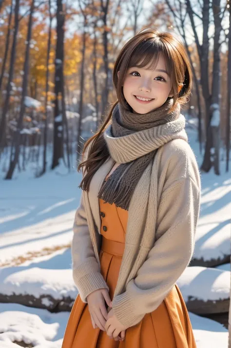 (8k, RAW photo, photorealistic, HQ, masterpiece), a cute Japanese girl,(glowing eyes), 
(light smile), brown hair, fluffy Pixie Bob hair, large breasts, curvy, (Scarf, orange down jacket, tight long skirt), 
standing pose, Seductive pose, (winter nature pa...