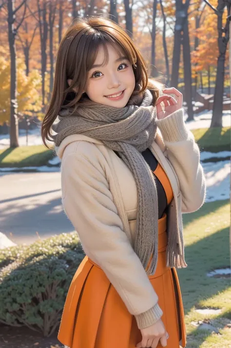 (8k, RAW photo, photorealistic, HQ, masterpiece), a cute Japanese girl,(glowing eyes), 
(light smile), brown hair, fluffy Pixie Bob hair, large breasts, curvy, (Scarf, orange down jacket, tight long skirt), 
standing pose, Seductive pose, (winter nature pa...