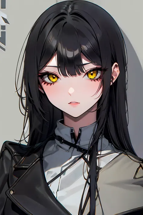 Girl, Black long hair, overgrown bangs, yellow eyes, sharp eyesight, dark leather coat