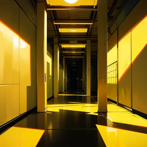 backrooms, suspicious atmosphere , A maze like space, Yellow Wall, yellow floor ,  countless fluorescent lights