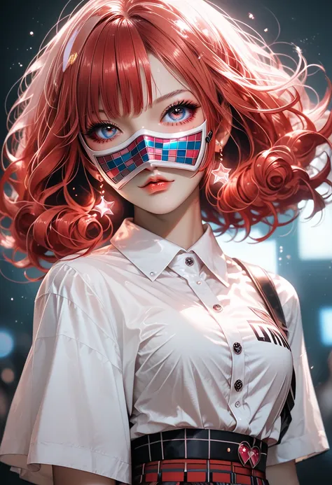 red haired k-pop idol girl wearing ((CHECKED SKIRT)) ((white shirt)) with ((luminous mask)) on her face