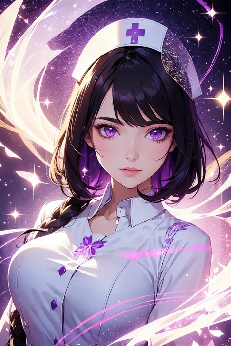 Elegant feminine woman wearing white nurse clothes, dark hair, purple eyes, golden and light purple pattern background, beautiful illustration, glitter effect, double exposure