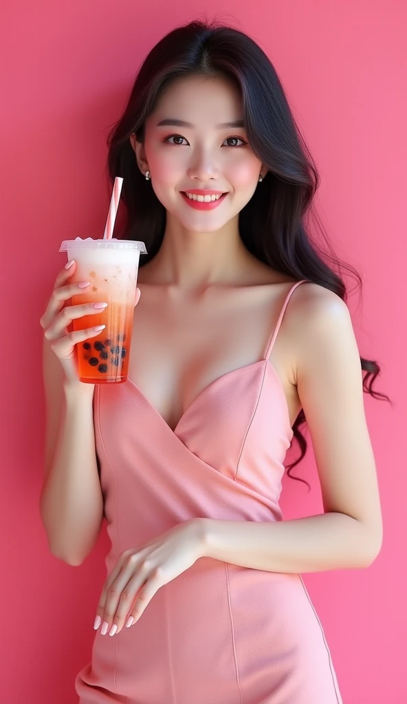 sexy korean girl standing with bubble tea milk, pink background, ((fullbody)), high detailed, beauty smile, front view