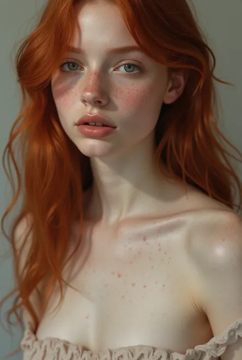 Gros plan sur le buste dun jeune femme rousse nue de seize ans. Sa peau est très pâle et pleine de tâches de rousseur. Elle est mince avec une poitrine très généreuse. 
