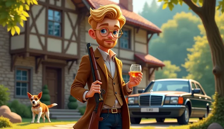 Charming nice 20 year old elegant blonde with beard with round gold-rimmed glasses. W jednej ręce trzyma strzelbę a w drugiej whisky. Dom z muru pruskiego i czarny  Mercedes w124. pies jack russell terier. Cartoon fairy tale style picture  