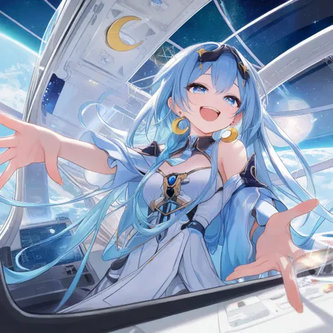 one girl,  long hair,  high resolution,  Illustrations,  viewers, smile,  Open Your Mouth .,  blue eyes,  blue hair,  Small but lots of gold star-shaped hair decoration ,  The Milky Way can be seen through a huge glass window inside the spacecraft, The spa...