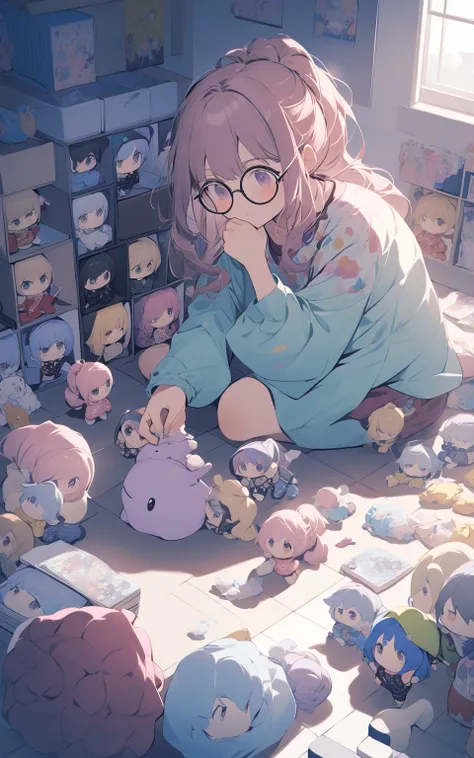 "A cheerful girl sitting cross-legged on the floor of her room, surrounded by shelves filled with anime figures and merchandise. She wears a colorful T-shirt featuring a chibi character and a pair of comfy pajama shorts. Her hair is styled into a fluffy po...