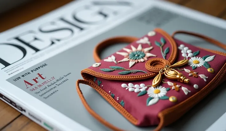 Create an image of a design magazine featuring a cover with a beautifully embroidered handmade bag, the headline reading "Art with Purpose: How Sarah Miller Turned Simplicity into International Success," Nikon Z7 II, macro shot, high contrast, aspect ratio...