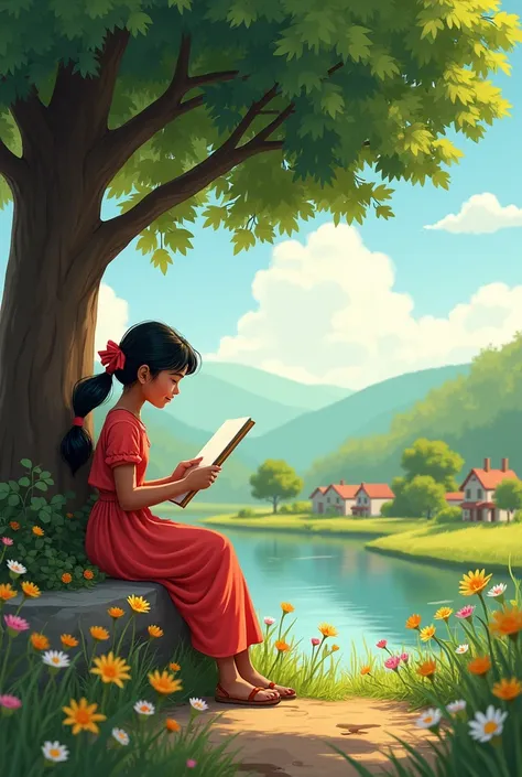 In a quiet village nestled between rolling hills, a cheerful girl named Meera often spent her mornings picking flowers by the river. One day, she noticed a boy about her age sitting under a tree, sketching the scenery. Curious, she walked over and asked, “...