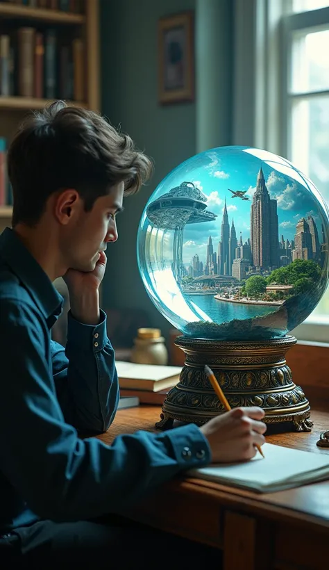 UHD, 8K, 3d, masterpiece. High detail. Thematic background. The writer thought about a new work, looking at the magic ball. The world inside a small glass ball: a futuristic city. The ball sits on an antique vintage stand in the house near the writer’s des...