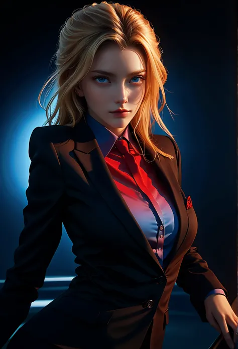 Best quality,masterpiece,ultra high res,(photorealistic:1.4),raw photo,(1girl,curvy,red gradient hair,blonde hair,blue eyes,detailed eyes and face,black business suit,dynamic lighting,in the dark,deep shadow,low key,cowboy shot full-lenght body,)