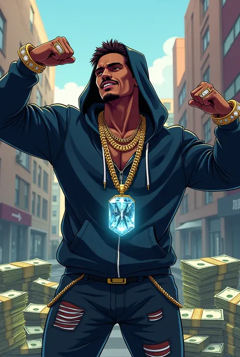 Man in the hoodie on the street flexing with wealth money and icey joulery graphic design 