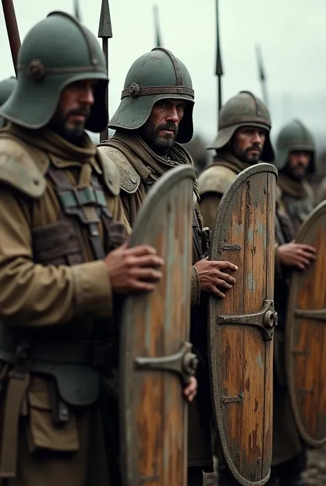  Image of several soldiers next to each other With a shield in their hands preparing for a battle on their clothes have the letter "QG"
 REALISTIC IMAGE,  photo, with visual impact 