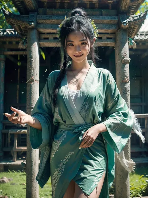 1 teenage girl. Beautiful teenage girl. White skin. The girl studying at The school of Shaman. She is wearing a shaman robe made with green batik fabric. She has black hair. Beautiful smiles. Holding the magical Orbz. Standing at the school. The school inf...