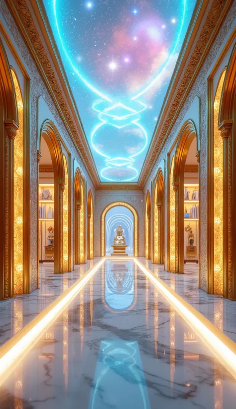 The luxurious interior of a boutique inside a futuristic floating crystal island inspired by Versace aesthetics. The space features a no-gravity , surrounded by glowing golden lights. The walls are adorned with intricate baroque patterns in gold and white,...