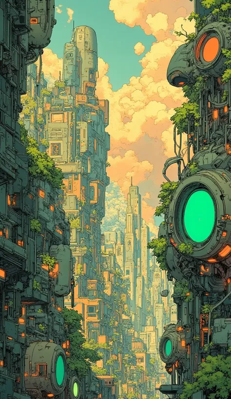  futuristic　Machine City　moss　ivy　green　Lantern　sunset　Sunset