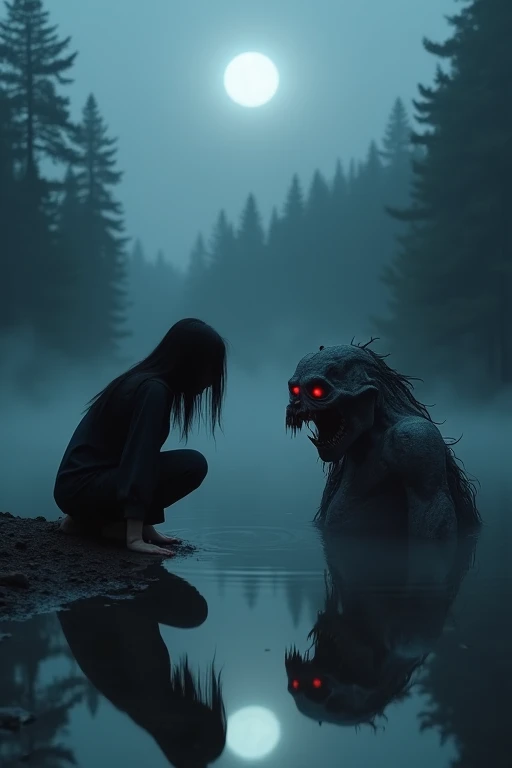 A woman in her early thirties kneels at the edge of a dark, still lake during a foggy night. She leans forward, staring into the water where her reflection appears as a monstrous demonic version of herself — glowing red eyes, cracked and shadowed skin, sha...