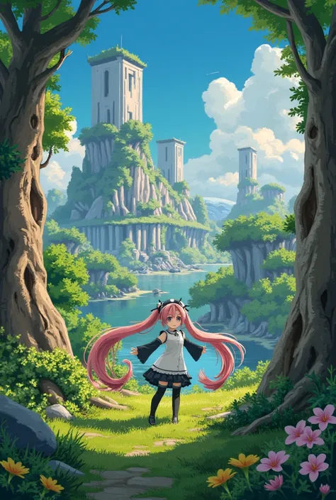 (masterpiece、 top quality 、 top quality 、 Official Art 、 beautifulと beautiful:1.2)、( One Girl :1.3) Hatsune Miku 、 Twin Tails , Beautiful breasts,   cute girl、Ralph McQuarrie Style, greek architecture done in a sci-fi style on a  beautiful forest and meado...