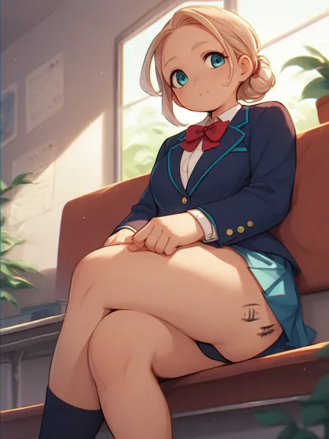 A cute and elegant young lady, a neat and clean young lady school uniform , Blazer, knee skirt , (tally mark on Deep inside the thigh) , (spread legs:0.6) , string of G-String , upskirt by hand , perineum