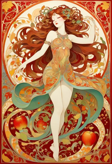  Hallucinatory, Tsuruta Ichiro Style Beauty Painting , Hypnotic Patterns , Abstract, Euphoric,  Fluid Shapes , Art Nouveau Painting ,  jewelry, autumn, Apple,  flat illustration .  negative space in the shape of a dancing womans body. goddess, whole body, ...