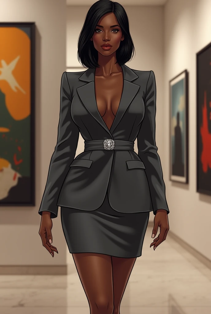 A curvaceous Black woman in a tailored blazer dress in charcoal gray, featuring a plunging neckline and cinched waist with a satin belt. She pairs it with pointed-toe heels and a diamond brooch. Her hair is styled in a sleek bob with blunt edges. The scene...