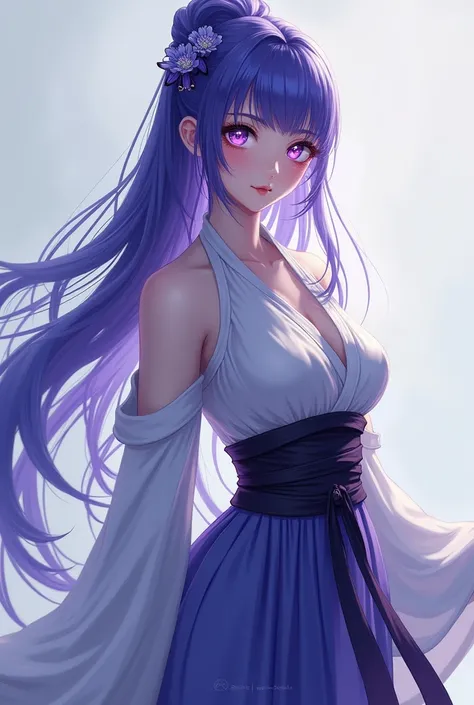 a beautiful young female, huge chest, purple eyes pale skin, bluish purple hair that forms a long braid, and bangs above eyes, wearing a Jujutsu female uniform