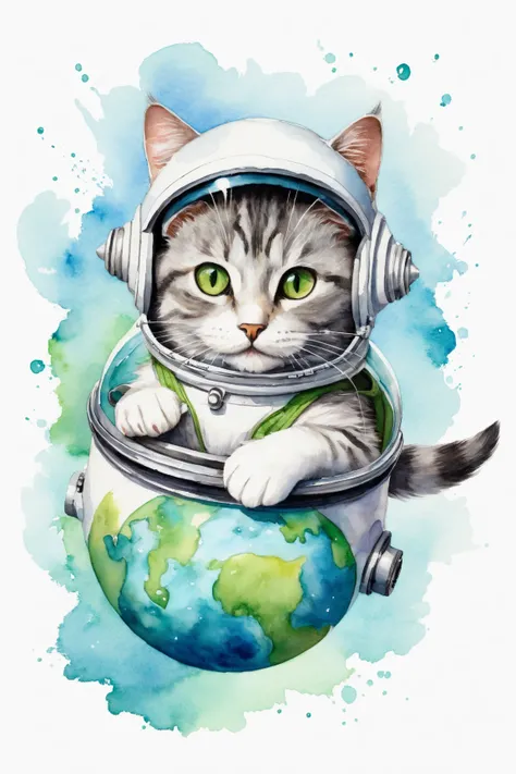 A whimsical, vibrant watercolor-style illustration of a playful,  grey and white cat with bright green eyes, wearing a tiny white space helmet and a matching oxygen tank, as it travels around the Earth on a flying saucer made entirely out of milk. The cat ...