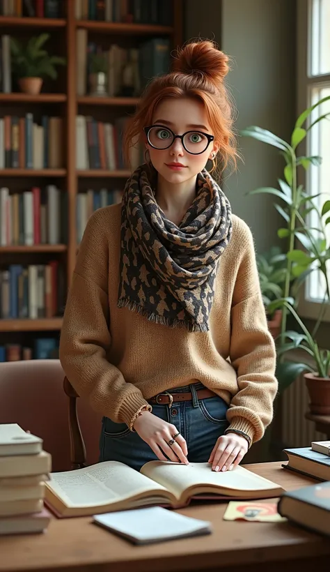 Create a photorealistic portrait of Élodie Moreau, a 28-year-old Caucasian female librarian. She stands in a cozy, book-filled apartment that overlooks a quaint street in Lyon, France. Élodie has a slender build, standing at 56", with long, wavy chestnut h...