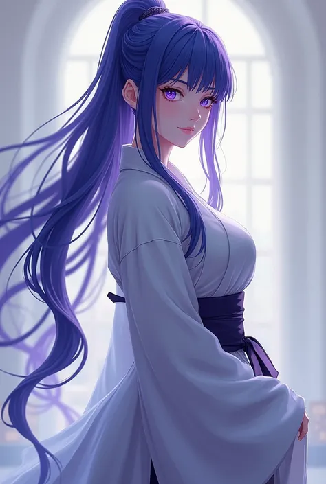 a beautiful young female, huge chest, purple eyes pale skin, bluish purple hair that forms a long braid, and bangs above eyes, wearing a Jujutsu female uniform