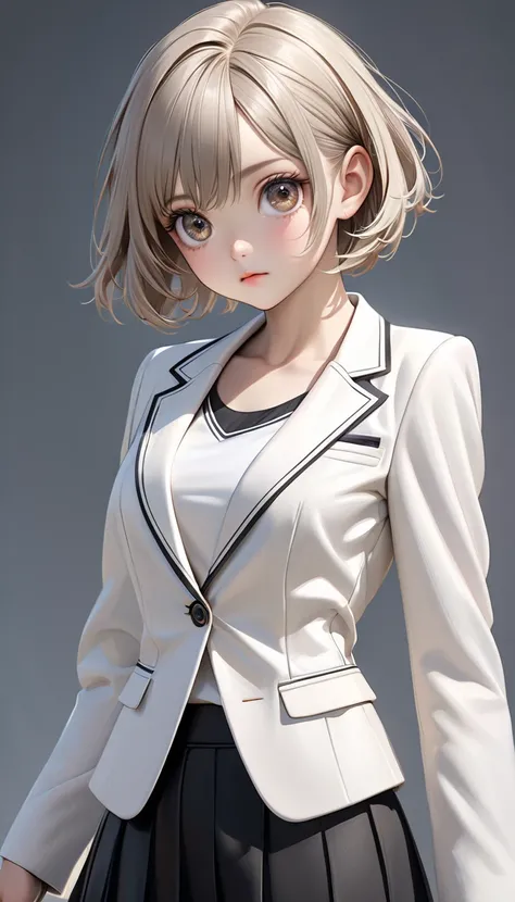 photorealistic, very beautiful and young new appearance, A adult woman standing in a fashion model stance, cowboy shot, cute and kind face, (small eyes:1.5), short hair, beautiful detailed hair, asymmetrical bangs, white business suit jacket, u-neck blouse...