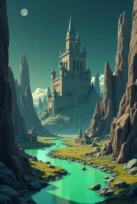 A place with a castle depicted, houses made of rocks with a green colored river and rock structures located on an alien planet in the 2D anime style with dark night sky