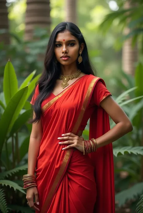 The image is a portrait of a young Indian woman standing in a tropical garden. She is wearing a red saree with a matching blouse and a gold necklace. The saree is draped over her body and she is posing with one hand on her hip. The woman has long dark hair...