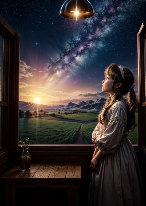   Theres a girl in the prairie looking up at the night sky、 The sunset sets between the mountains 、 the lamp is near the girl 、 Theres a farmhouse a little further away 、 and you can see the light through the window .、  Scenery Seen with You 、  Orion appea...