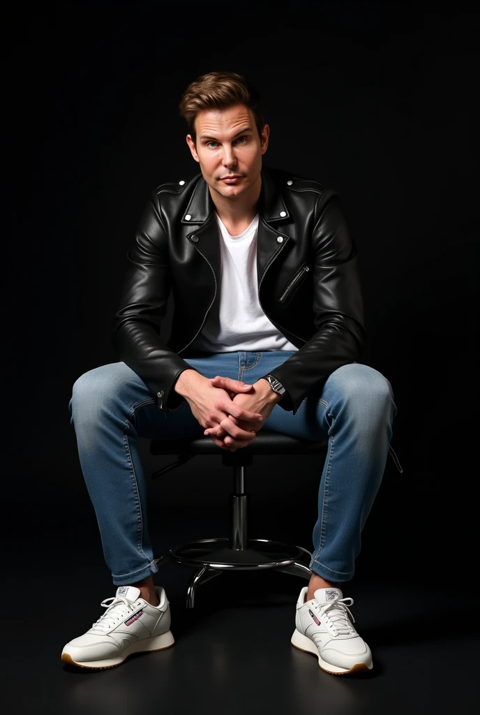 Hyper-realistic photo of a European Caucasian male model, sitting in a professional photography studio. He has an average body type and is wearing a white T-shirt, black leather jacket, blue jeans, and Reebok Classic sneakers. The setting features dramatic...