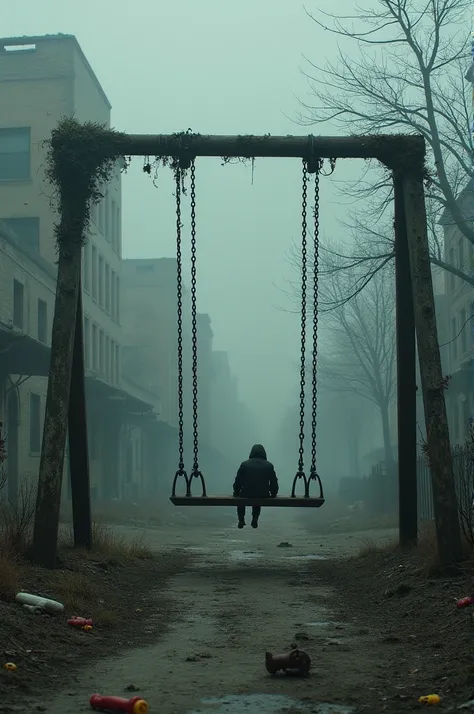 Scenes of deserted streets, abandoned toys, and crumbling buildings]**  
   **Narrator:**  
   "Can you imagine what life was like here?"  
   **Prompt:** "A swing swaying alone in an empty park, under a gray sky."