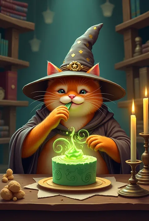 Fat orange wizard cat eating green cake