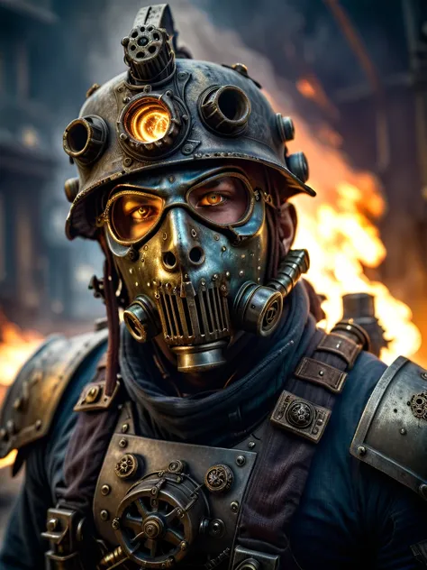 cinematic photo breathtaking photograph, 3/4 portrait, powerful soldier steampunk pyromancer in metallic facemask, warhammer 40k, upper body, (intricate details:0.8), Sony A9 II, split lighting, award-winning, professional, highly detailed . 35mm photograp...