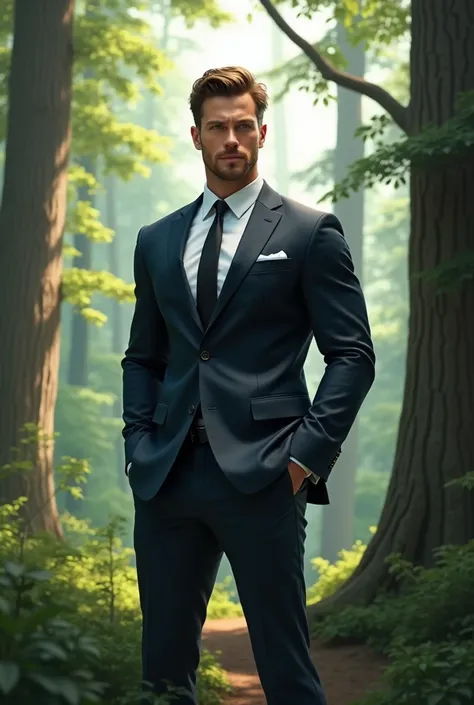 Looking for a muscular, brown-haired, blue-eyed man wearing a suit with a beautiful forest view background