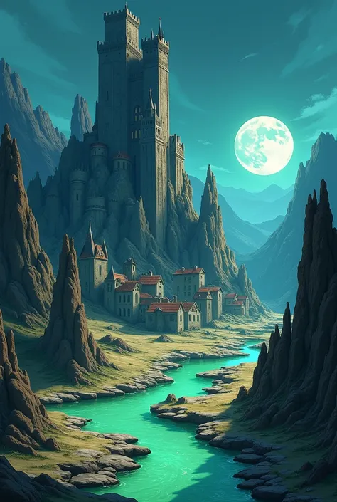 A place with a castle depicted, houses made of rocks with a green colored river and rock structures located on an alien planet in the 2D anime style with midnight sky 