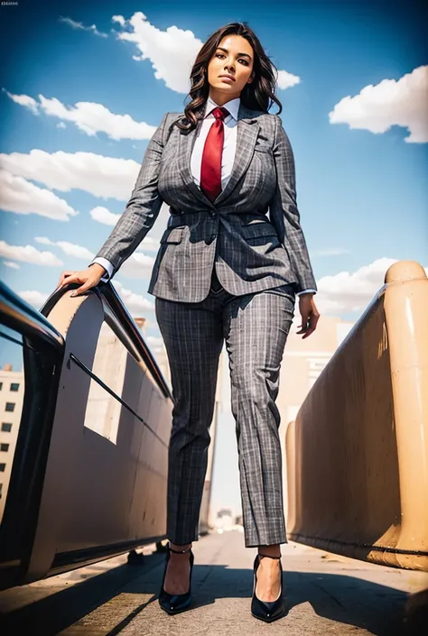 Giantess art, 100 miles tall giga giantess, sophisticated and stylish woman in a light grey italian pinstriped trouser suit, form fitting crisp white office shirt, and a large wide crimson necktie in a windsor knot, with a beautiful, curvaceous figure, lar...