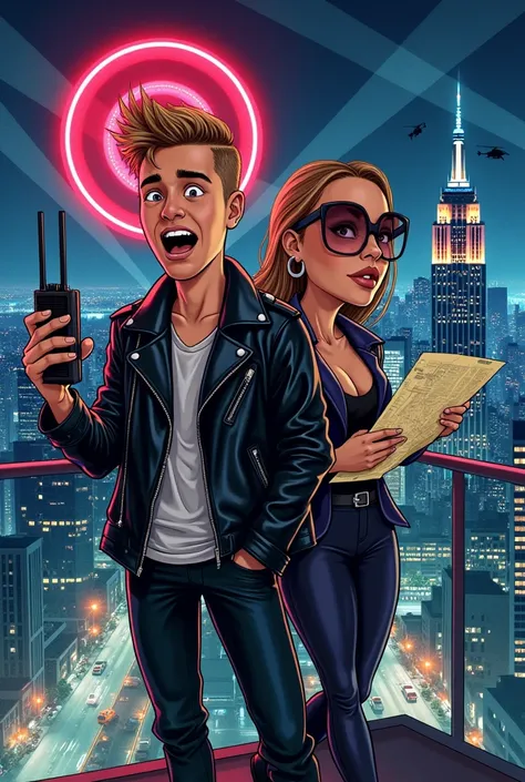 Comic caricature-style illustration showing Justin Bieber and Margot Robbie on top of a skyscraper in New York at night.  Justin is wearing a shiny leather jacket , with an exaggerated expression of panic ,  holding a walkie-talkie upside down . Margot,  d...