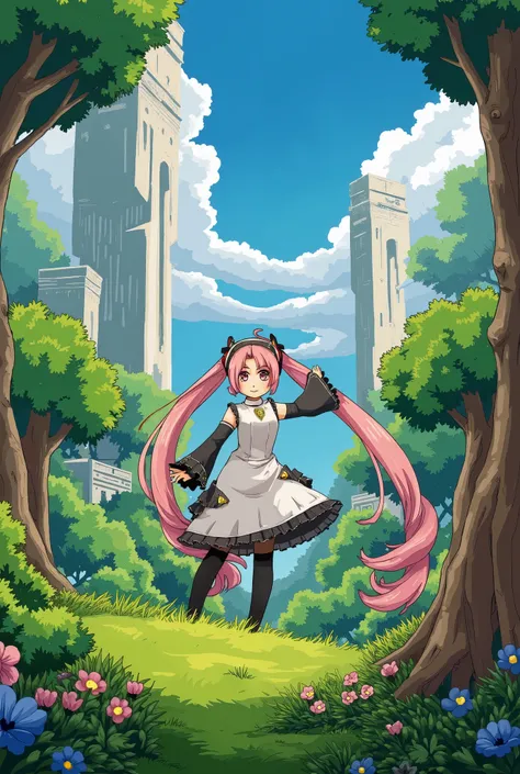 (masterpiece、 top quality 、 top quality 、 Official Art 、 beautifulと beautiful:1.2)、( One Girl :1.3) Hatsune Miku 、 Twin Tails , Beautiful breasts,   cute girl、Ralph McQuarrie Style, greek architecture done in a sci-fi style on a  beautiful forest and meado...