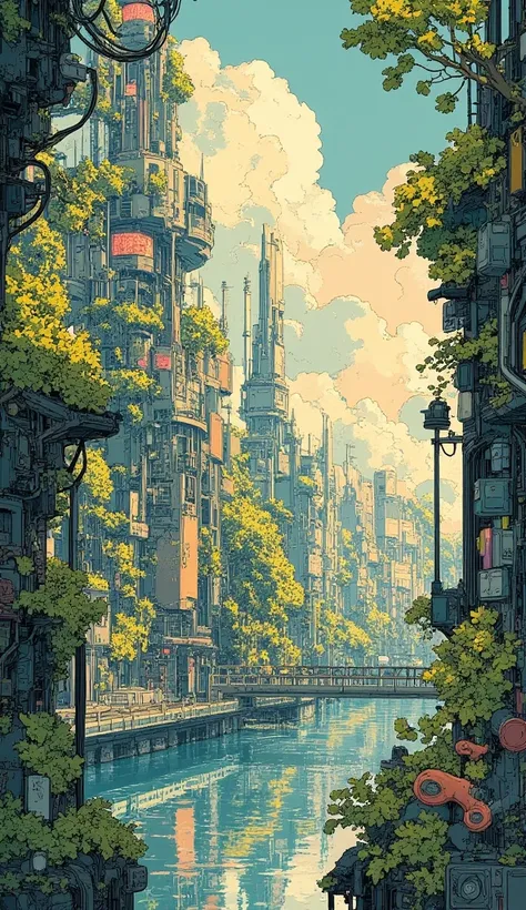  futuristic　Machine City　moss　ivy　green　Gas lamp　 beautiful sunset 　river