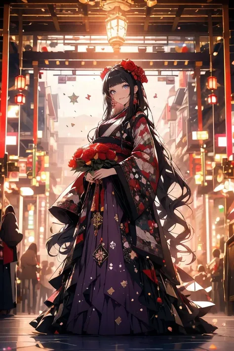 A feminine Lady black longhair and purple eyes wearing a Winter color furisode patterned with plaid dots stands on the ground surrounded by playful Rose motifs like Rose, flowers, gold Leaf, Rose . She holds an bouquet adding to the whimsical feel of the i...